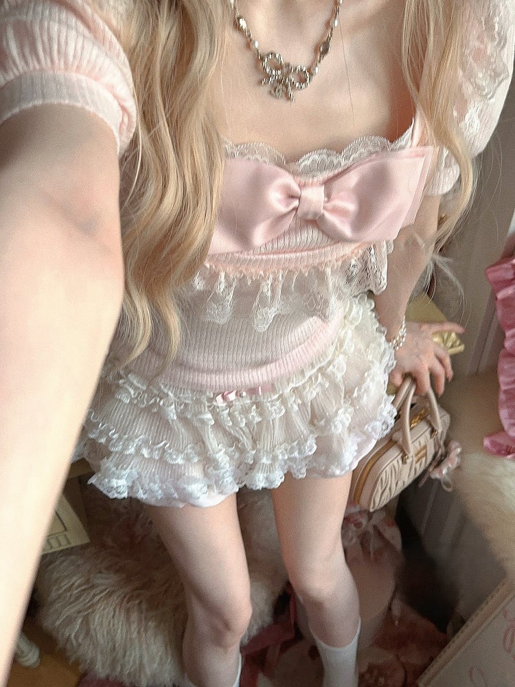 Rosa mit Ärmel Top Schleife Spitze Puff Trim Verspielt Slim-Fit