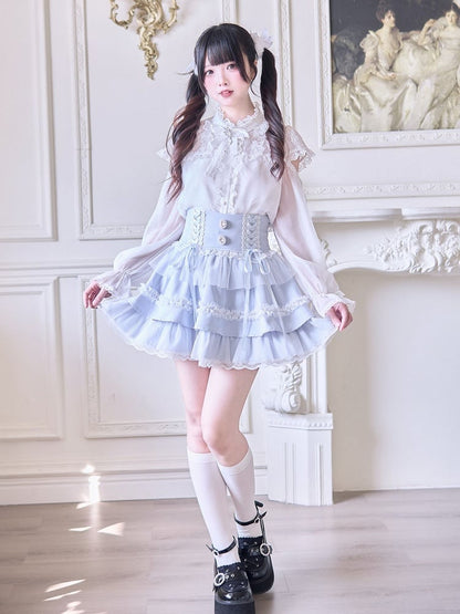 Rhinestone Embellishments Blue Jirai Kei Light Tiered Skirt with Lace-up High Waist