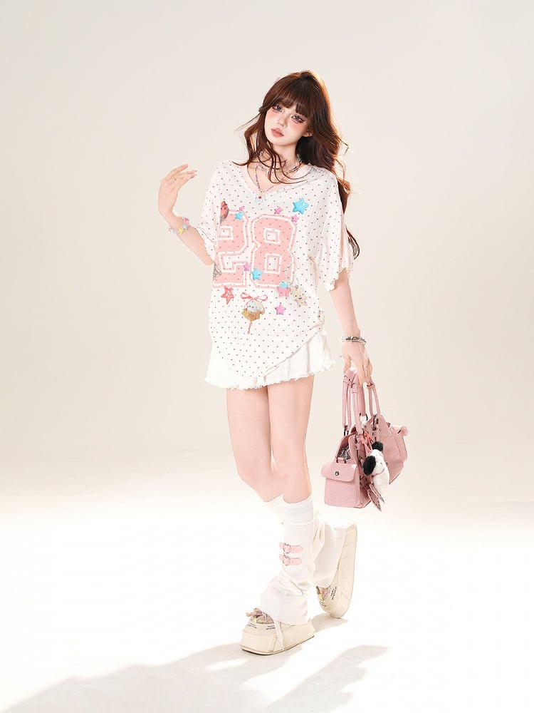 ピンクの水玉模様TシャツプリントスターVネックルーズ
