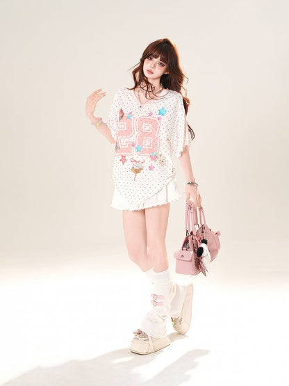 ピンクの水玉模様TシャツプリントスターVネックルーズ