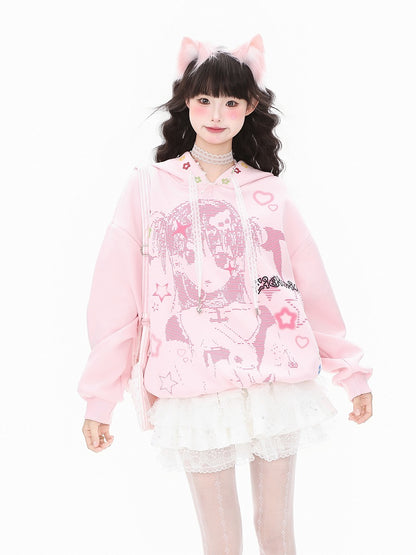 Hoodie White/Pink Lace and Girl Cartoon Winged Print Drawstrings with
