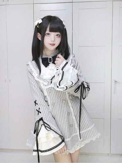 Matching Flounced Grey and Fashion Shorts Dress Flare Sweet with Jabot Sleeves Jirai set Kei