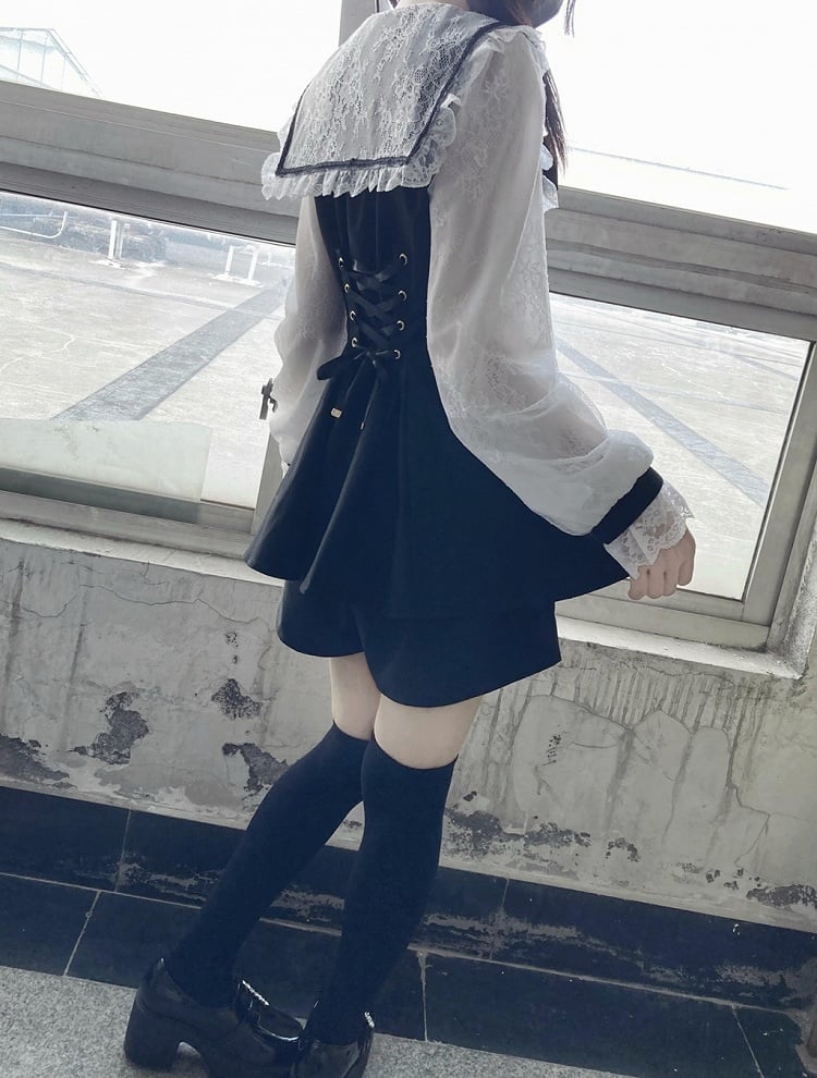 Mini Full Lace Set: Mesh Dress with Long Collar Jirai Black Sailor Sleeves Kei