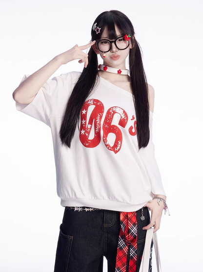 ヴィンテージナンバープリント ホワイト アシンメトリーネックライン Tシャツ