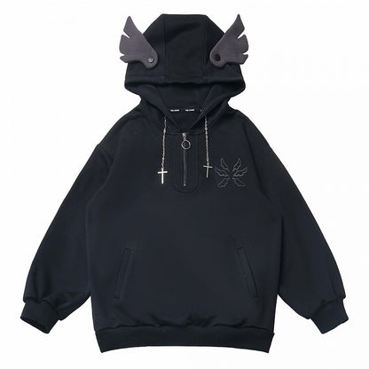 Bittersüße Kette Grau/Schwarz Kapuzendesign Hoodie Flügel Kreuz Wing Stickerei Rücken Feder