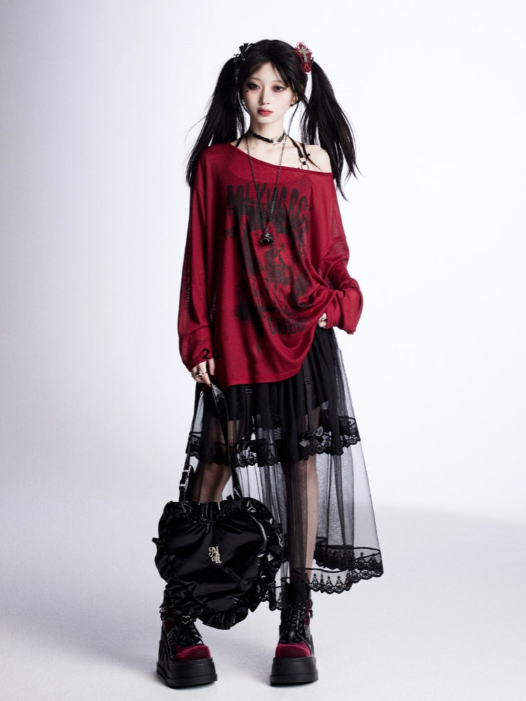 Graphic Vintage Coverup Red Semi-sheer Asymmetrical Neckline Sun Protection