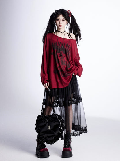 Graphic Vintage Coverup Red Semi-sheer Asymmetrical Neckline Sun Protection