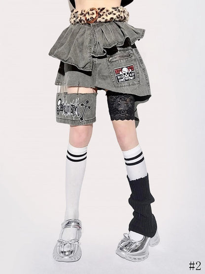 Asymmetrical Skeleton Graphics Cross Skirt Gray Denim and with