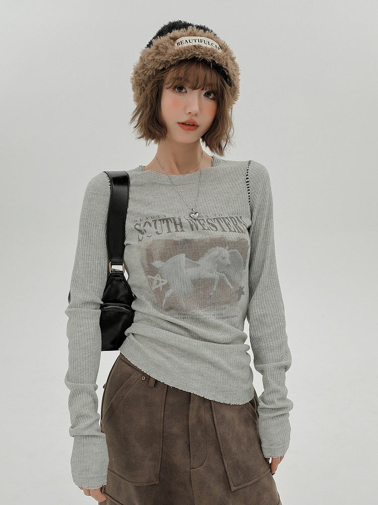 Vintage Retro Printed Long Sleeve Knit Tee in Size S Clearance - Girlyhalo