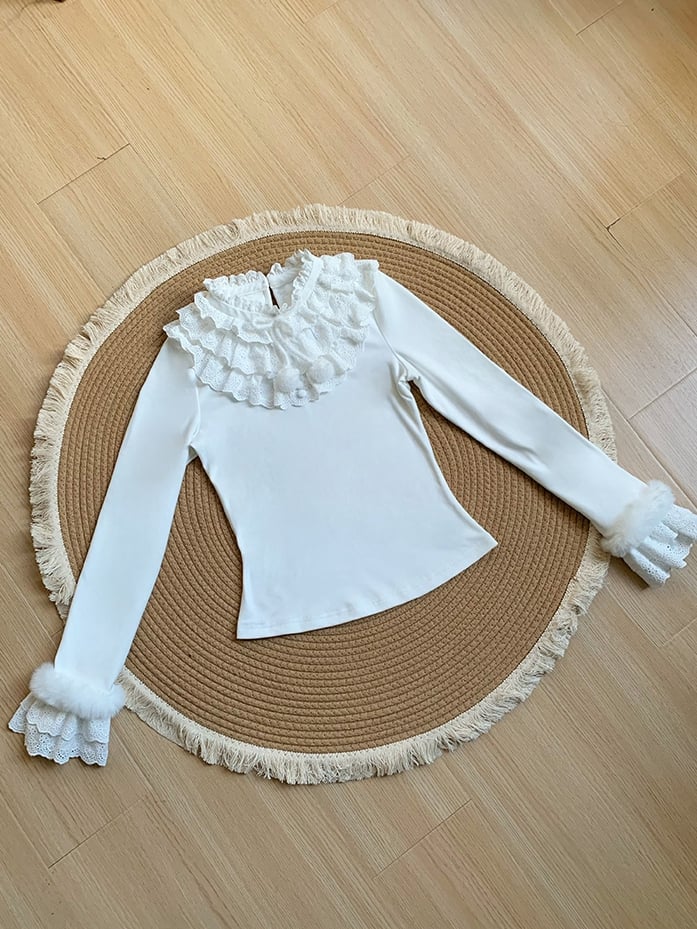 Knit Layered with Ruffles Soft Lolita and Top White for Warm Autumn/Winter