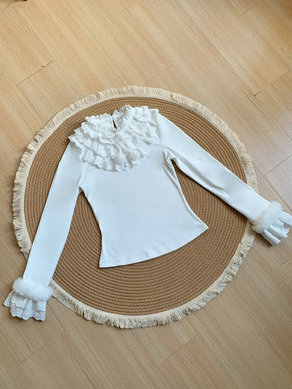 Knit Layered with Ruffles Soft Lolita and Top White for Warm Autumn/Winter