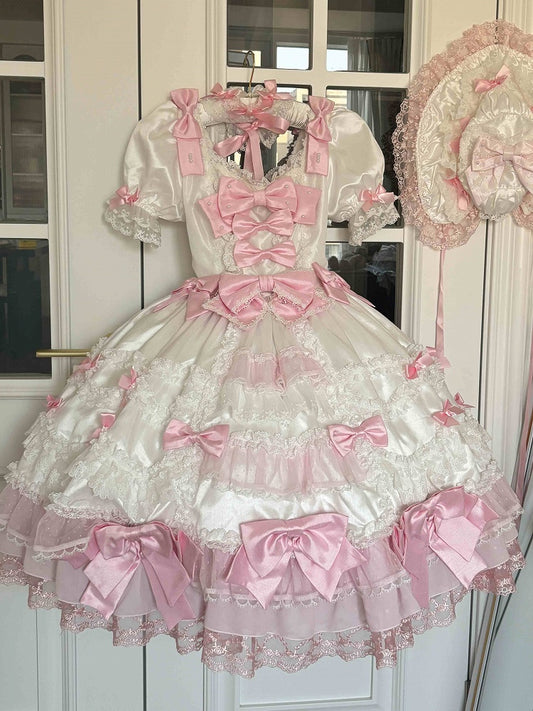 Kleid hoch, süß, rosa, mit weißen Taillenärmeln, abnehmbarer Lolita-Schleife, Prinzessinnen-Akzente