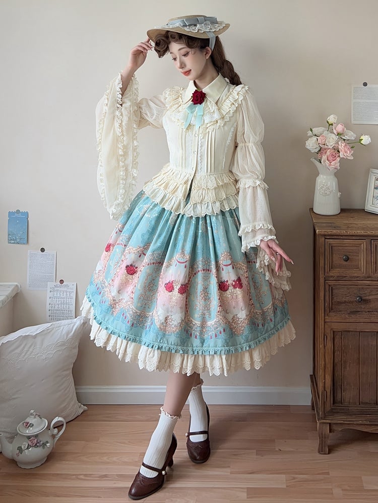 Apricot Bell Sleeves Tiered Scalloped Eyelet Trim Hemline Blouse with Lace Jabot Tie