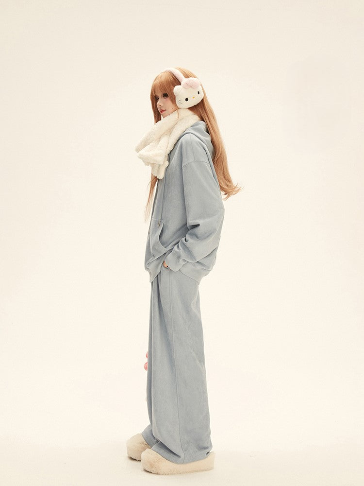 Chest Hooded Jacket Bear White Set Blue Sweatpants Details with Toy Drawstring
