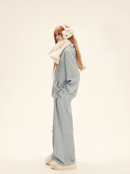 Chest Hooded Jacket Bear White Set Blue Sweatpants Details with Toy Drawstring