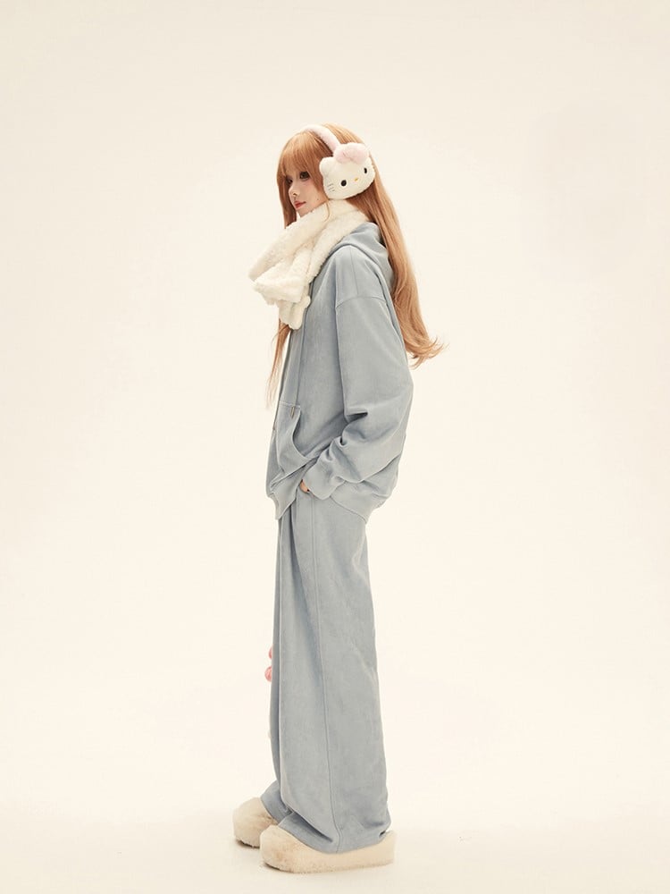 Blue Sweatpants Waist with Drawstring Athletic Slant Pockets