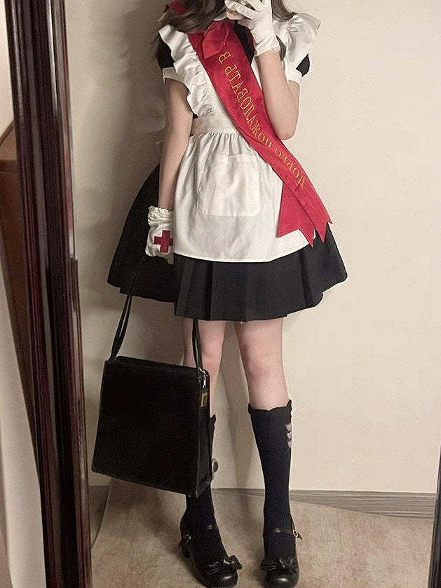 + Sleeves Full Pleated Ribbon Black with Tie Embroidered Dress Apron Short Maid Red Bow Lolita Set
