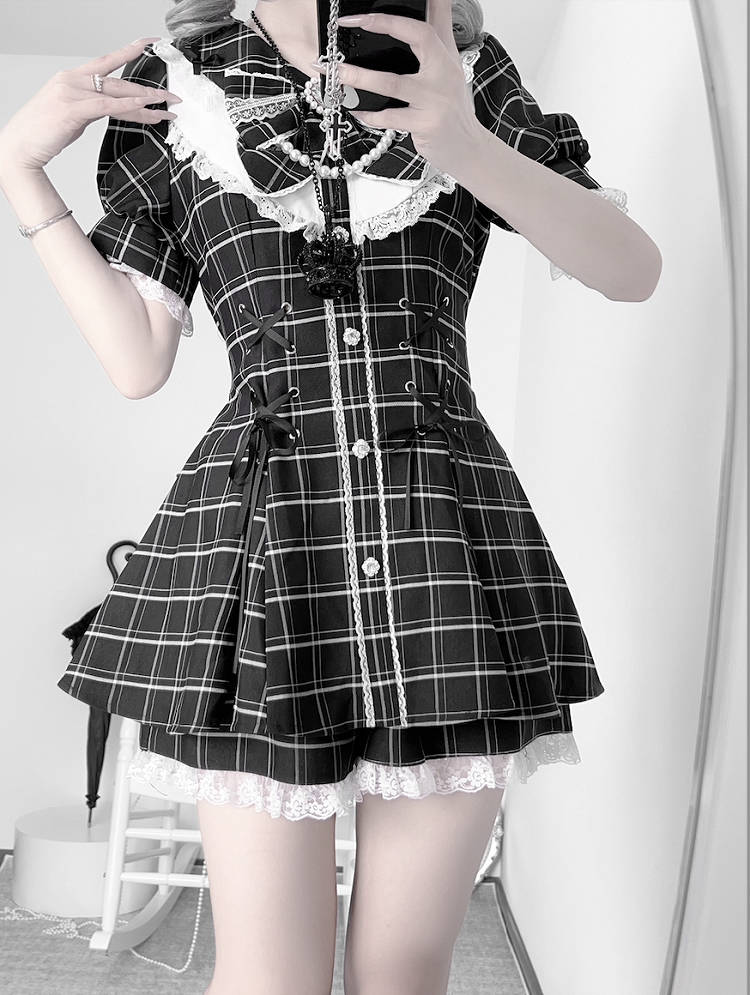 ミニドレス+ショーツ ジライ ブラック レースアップ チェック柄 セット 装飾ディテール ケイウエスト ラインストーン