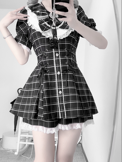 ミニドレス+ショーツ ジライ ブラック レースアップ チェック柄 セット 装飾ディテール ケイウエスト ラインストーン