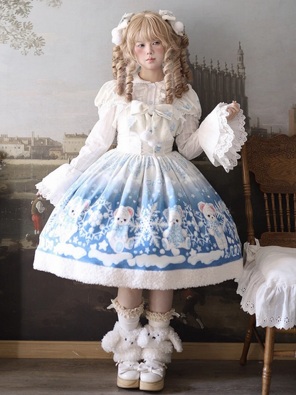Süßes Lolita-Kleid mit Teddy- und Schneeflocken-Muster und Winterfleece-Saum