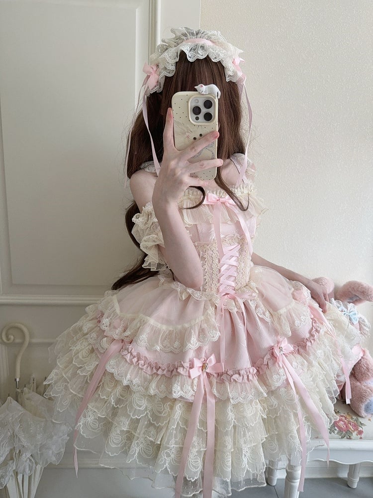/ Multi-Layer Ballet-Style Large Cute Only JSK Dress with Lace Train + Skirt Bow Details Pink Princess Ribbon