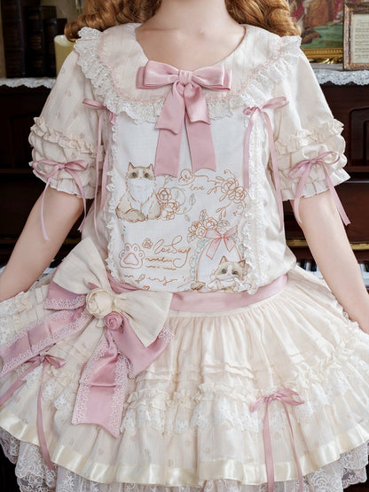 Beige & Pink Low Waist Dollcore Lolita OP Dress with Cat Print & Ribbon - Mirror Ragdoll