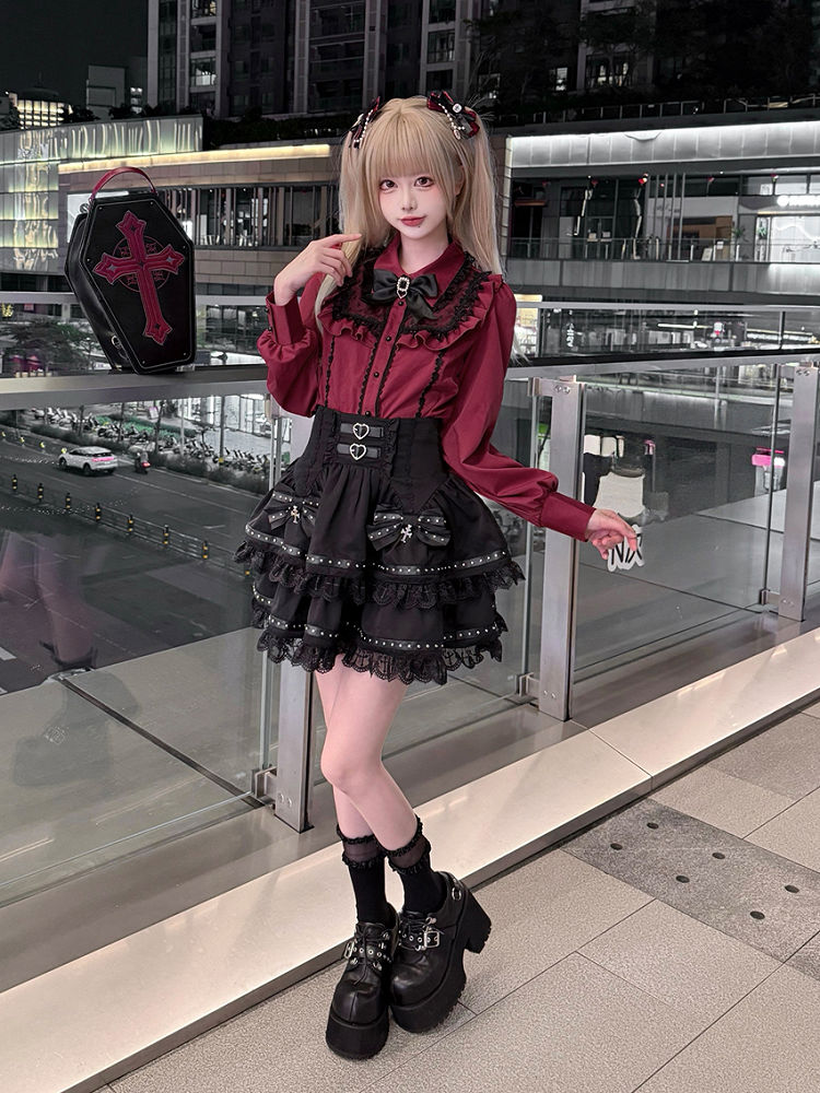 High-Waisted Skirt with Tiered Cross-Stitch Lace  Leather Strap Jirai Kei Black