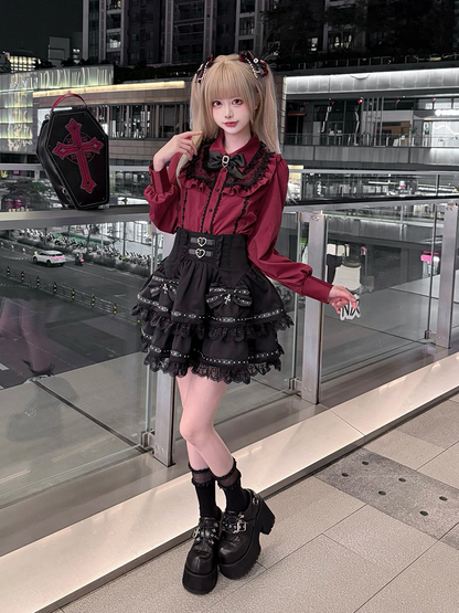 Lace Wine Black Trim Red Blouse Kei Jirai Bittersweet with Long Sleeves