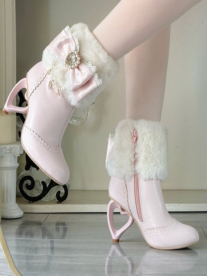 Sakura Pink Plush Boots - Cuff Heel Heart