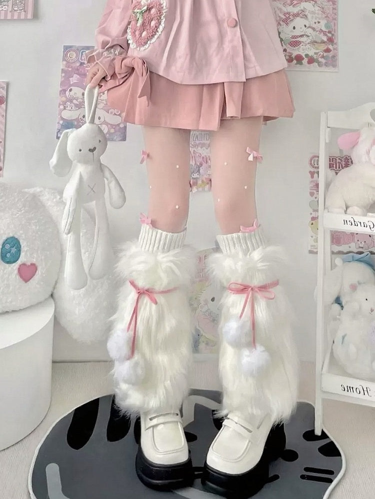 Faux Fur Pompom Ribbon Bow Leg Warmers 3-Color - Two Bear Pink