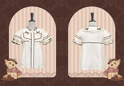Cream Peter Pan Collar Lolita Ruffled Blouse with Brown Trim - Stars Fall on the Foggy Island