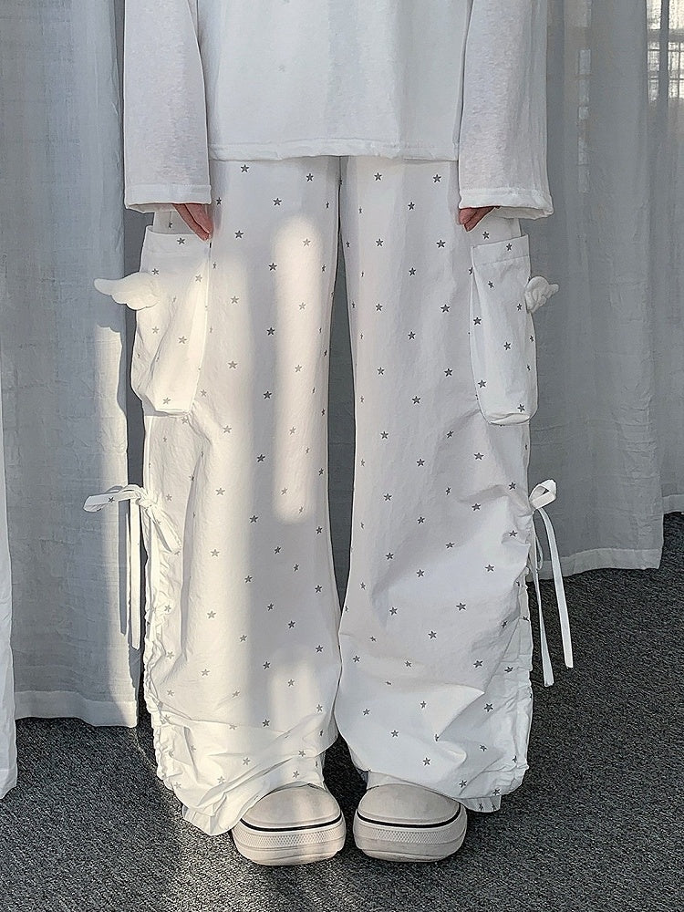 White Star Pattern Drawstring Wide Leg Wing Cargo Pants - Solkatt