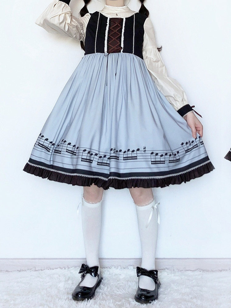 Musical Note Blue Autumn Lolita Long Sleeves Dress with Separate Pointed Collar