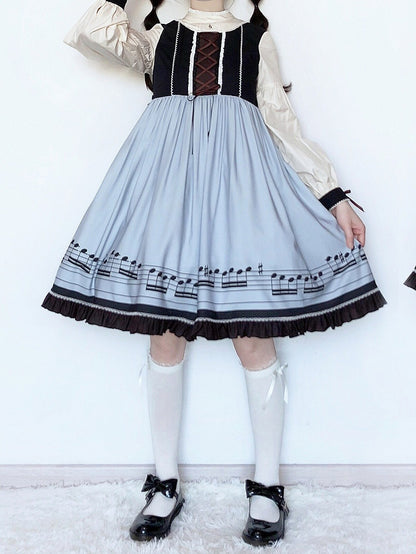 Musical Note Blue Autumn Lolita Long Sleeves Dress with Separate Pointed Collar