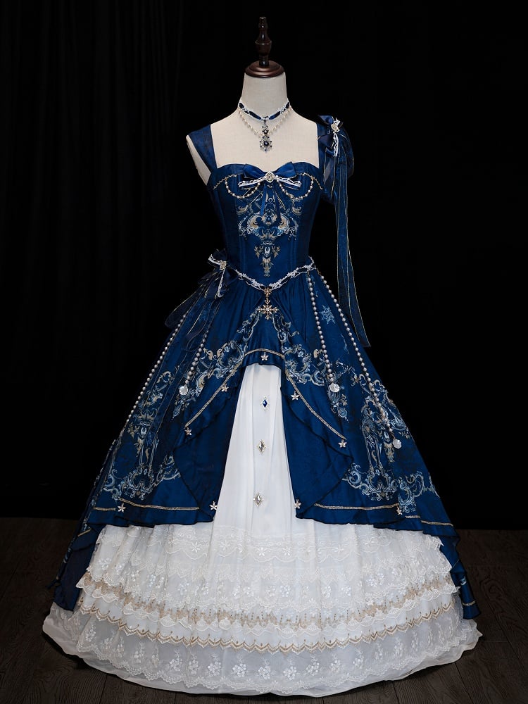 Robe à traîne magnifique bleu foncé et blanc, jupe pull Lolita