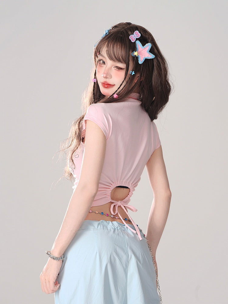 Blue Low Waist Wide-Leg Pants with Asymmetrical Drawstring Bows