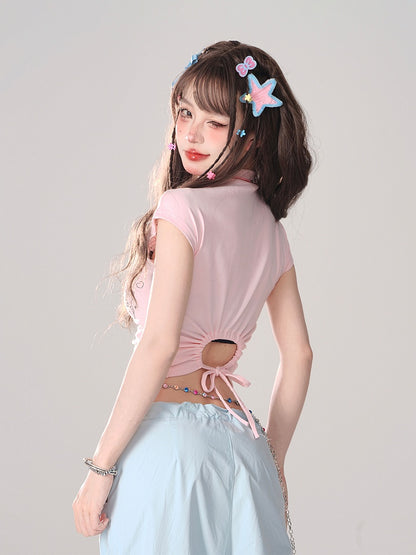 Blue Low Waist Wide-Leg Pants with Asymmetrical Drawstring Bows