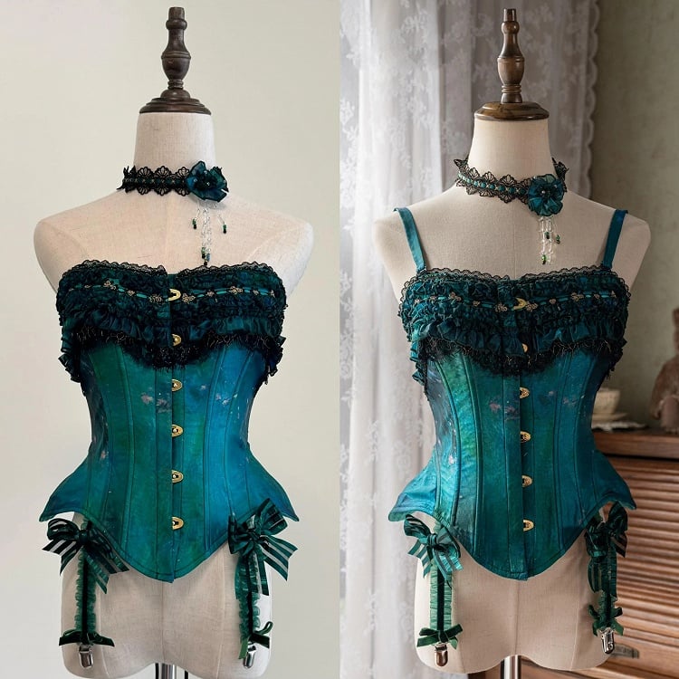 Green Vintage Oil Painting Vibes Boned Corset Top with Deatchable Straps