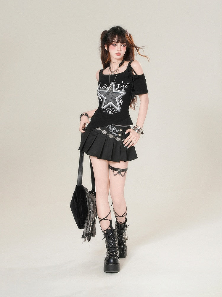 Star Design Embroidery T-Shirt Black with Distressed Faux Two-Piece Patchwork Shoulder - Cutout