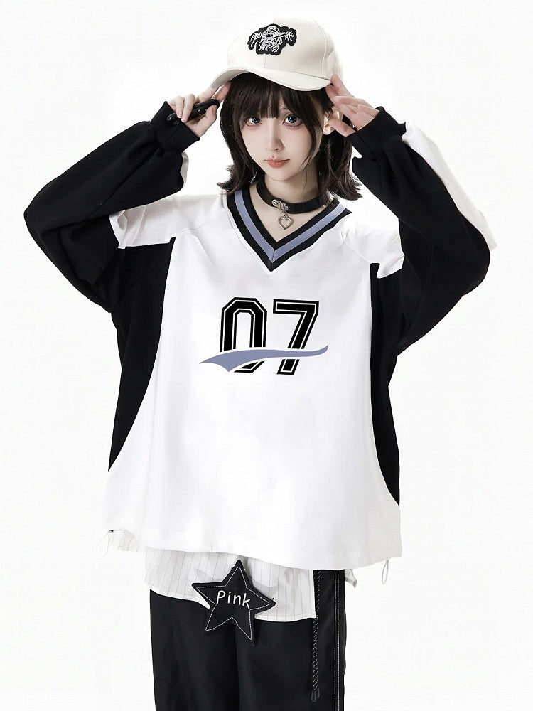 Front Sweatshirt with White Bow V-Neck Numeric Design Regular/Back Baseball-Style