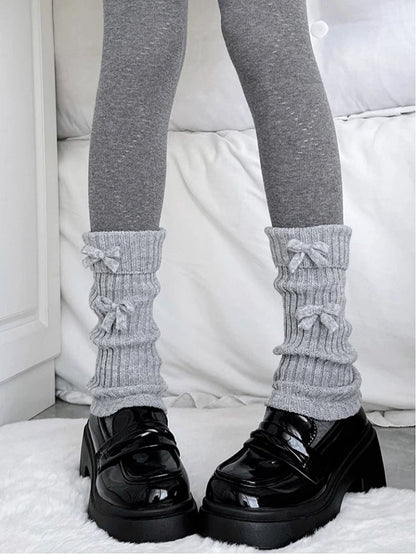 Slouchy Gray Warmers Leg Light Ribbed Bow-Accent