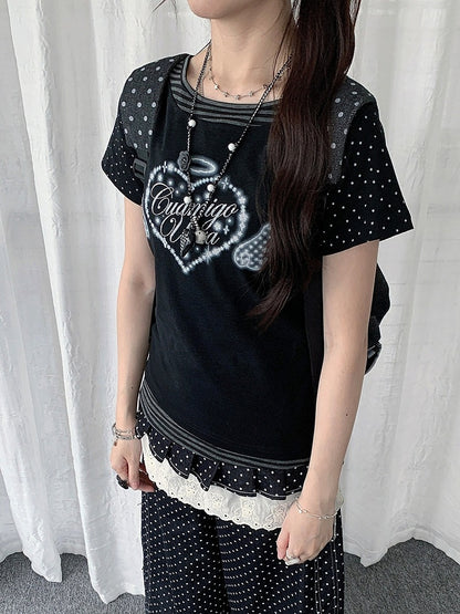 2-Color Y2K Polka Dot Striped Short Sleeve T-Shirt with Heart and Letter Print - Solkatt