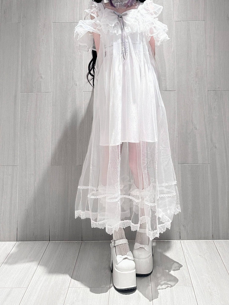 White Lace-Trimmed Cami Dress and Sheer Tulle Layer Set - Pink Rabbit