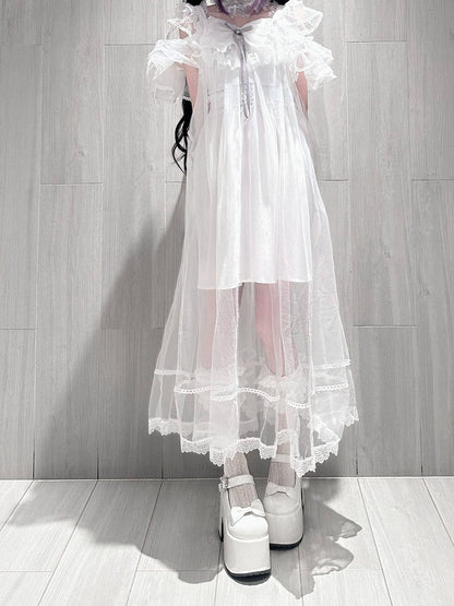 White Lace-Trimmed Cami Dress and Sheer Tulle Layer Set - Pink Rabbit