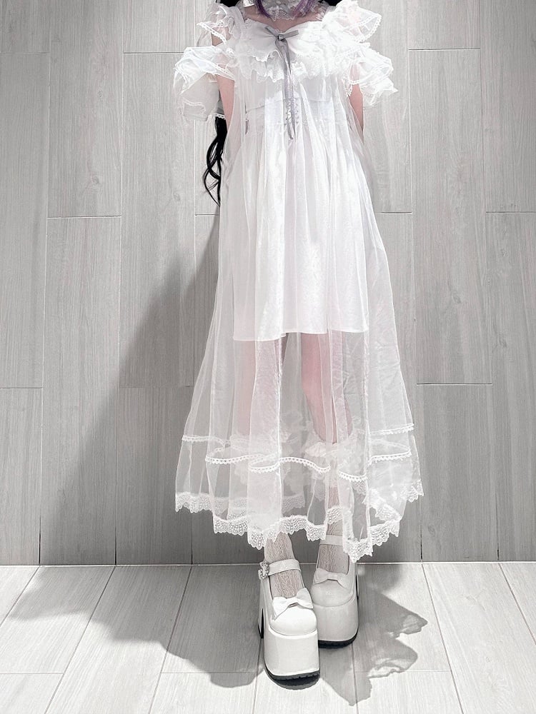 White Lace Trim Slip Dress with Tulle Overlay - Pink Rabbit