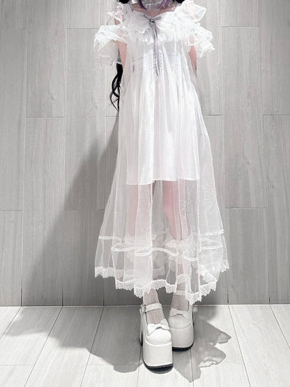 White Lace Trim Slip Dress with Tulle Overlay - Pink Rabbit