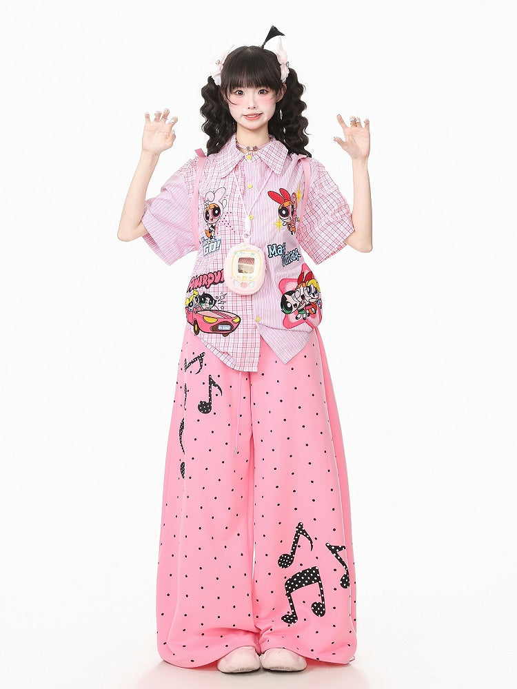 Pink Polka-Dot Wide-Leg Pants with Music Notes - Languid Park