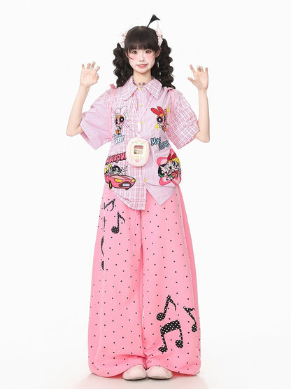 Pink Polka-Dot Wide-Leg Pants with Music Notes - Languid Park