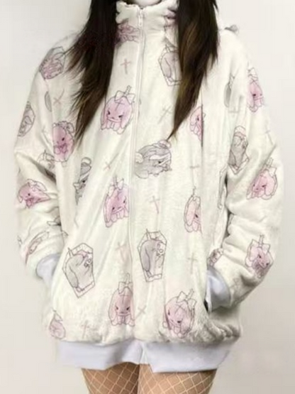 Hooded White Jirai Pattern Fleece Kei Bunny Bunny-Ear Cartoon Jacket
