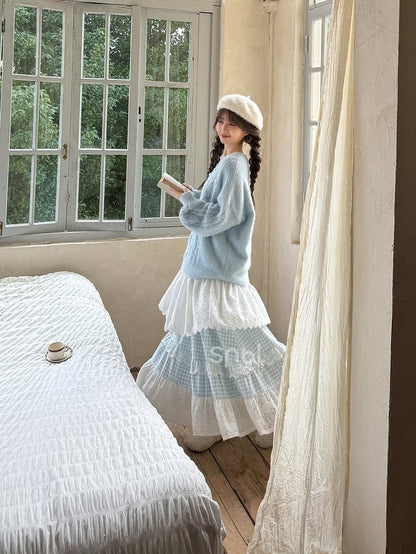 Blau-weißer Mori Kei-Rock mit hoher Taille und Patchwork-Karomuster